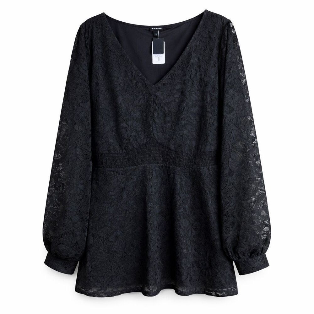 Torrid Deep Black Lace Peplum Babydoll Top 5X Long Sleeve NWT